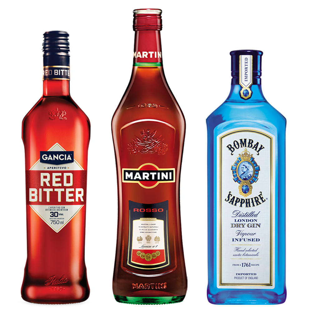 Promoción Negroni . Red Bitter 750 ml + Martini Roso 950 ml + Gin Bombay Sapphire 750 ml